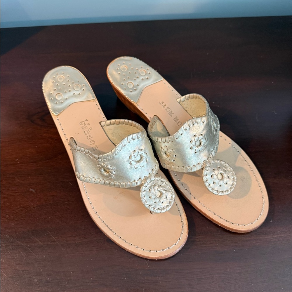 Jack Rogers Gold Sandals with Whipstitch Detailing